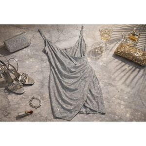 AKIRA Silver Shimmer Wrap Dress Size Medium